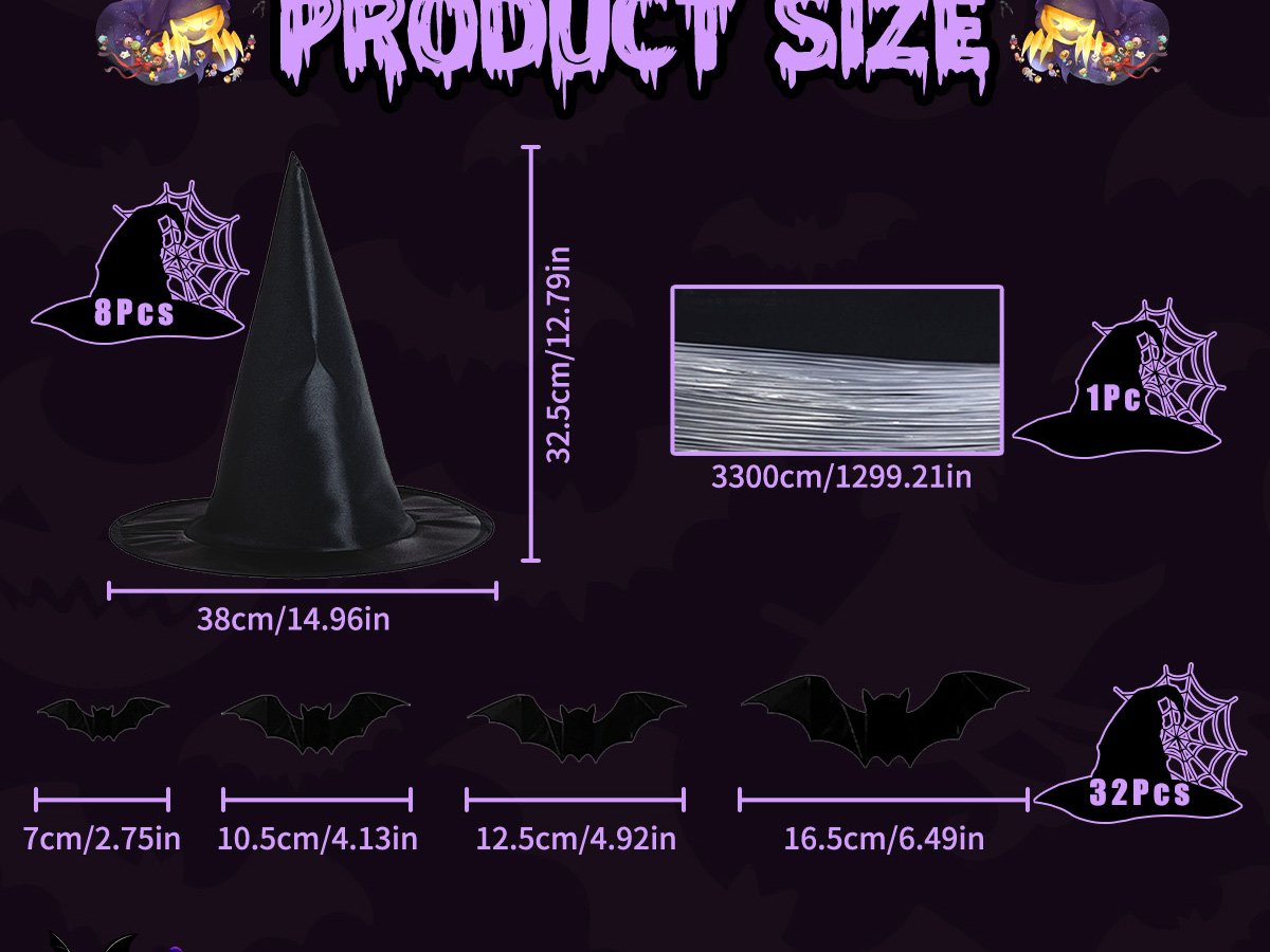 Halloween decoration set showing witch hats, 3D bats, and hanging rope with dimensions.