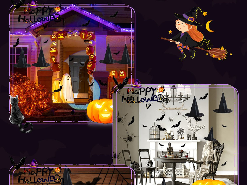 Collage of Halloween decorations including a decorated house, a witch on a broom, and an indoor scene with a skeleton.