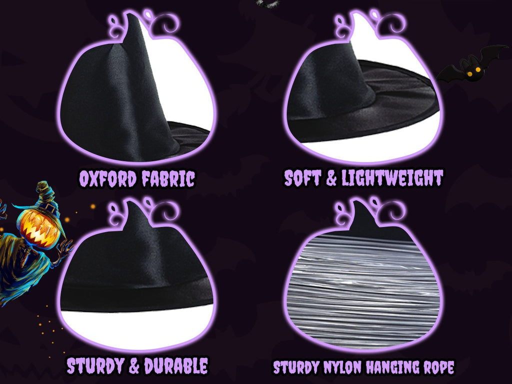 Collage of four close-ups of a black witch hat and hanging rope, with text callouts for fabric and durability.