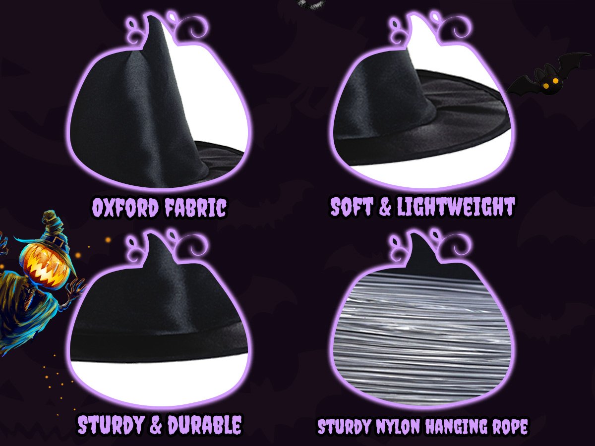 Collage of four close-ups of a black witch hat and hanging rope, with text callouts for fabric and durability.