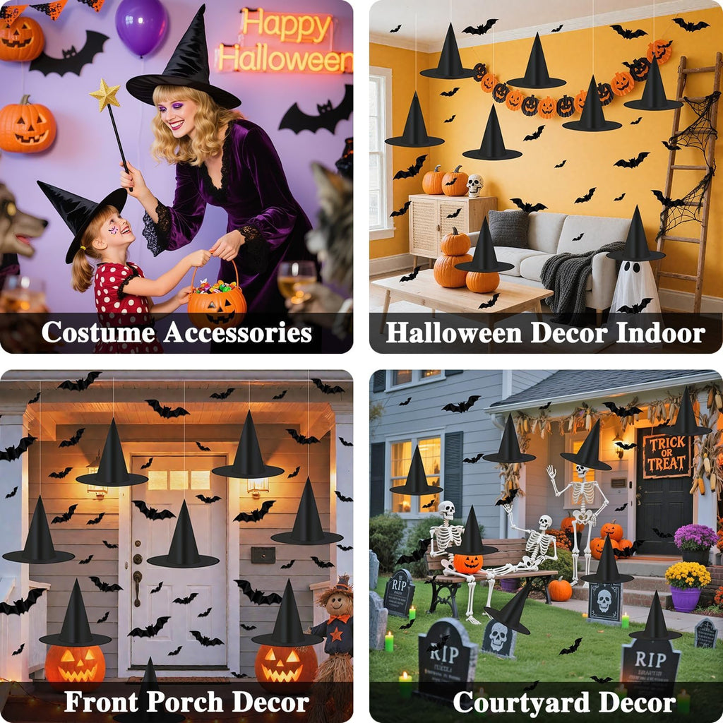 Collage of Halloween decorations including witch hats, bats, pumpkins, and skeletons for indoor and outdoor use.
