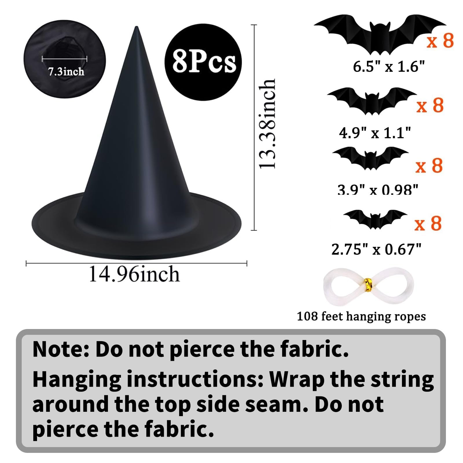 Black witch hat with dimensions and 8Pcs label, plus 32 3D bats in four sizes with quantities, and hanging ropes with instructions.