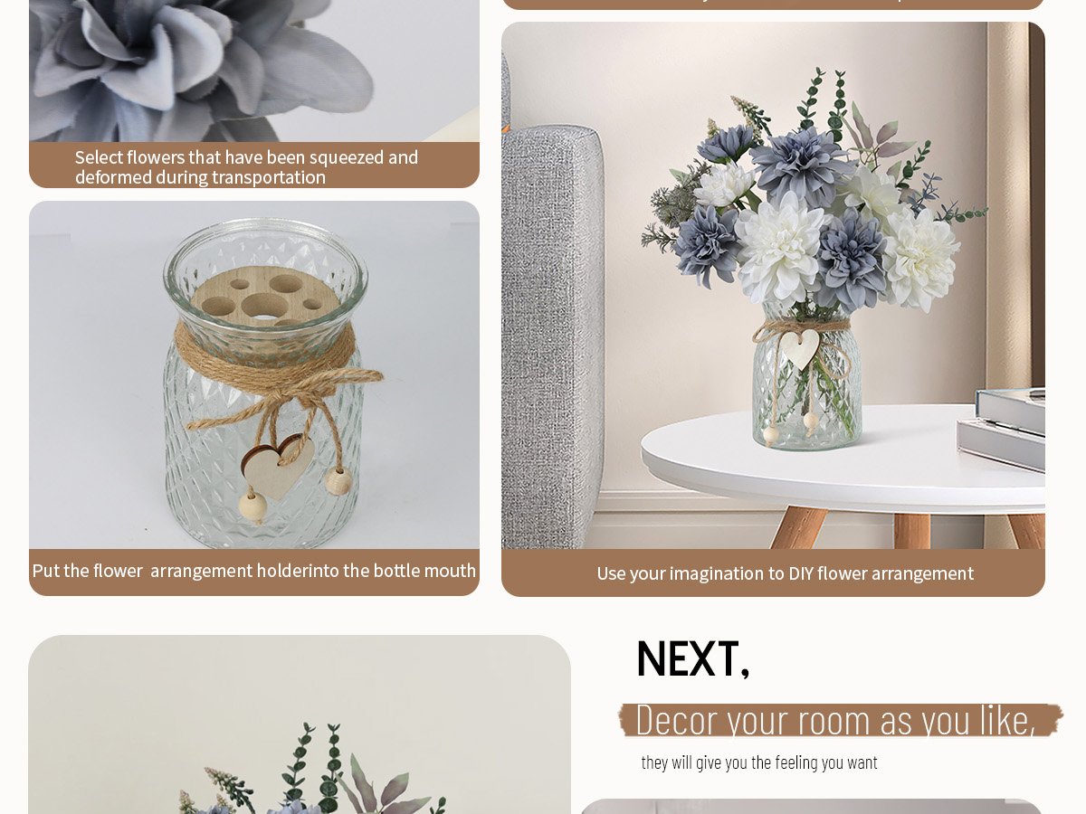 Artificial dahlia flower arrangement in a glass vase with wooden heart charm, displayed on a white table.