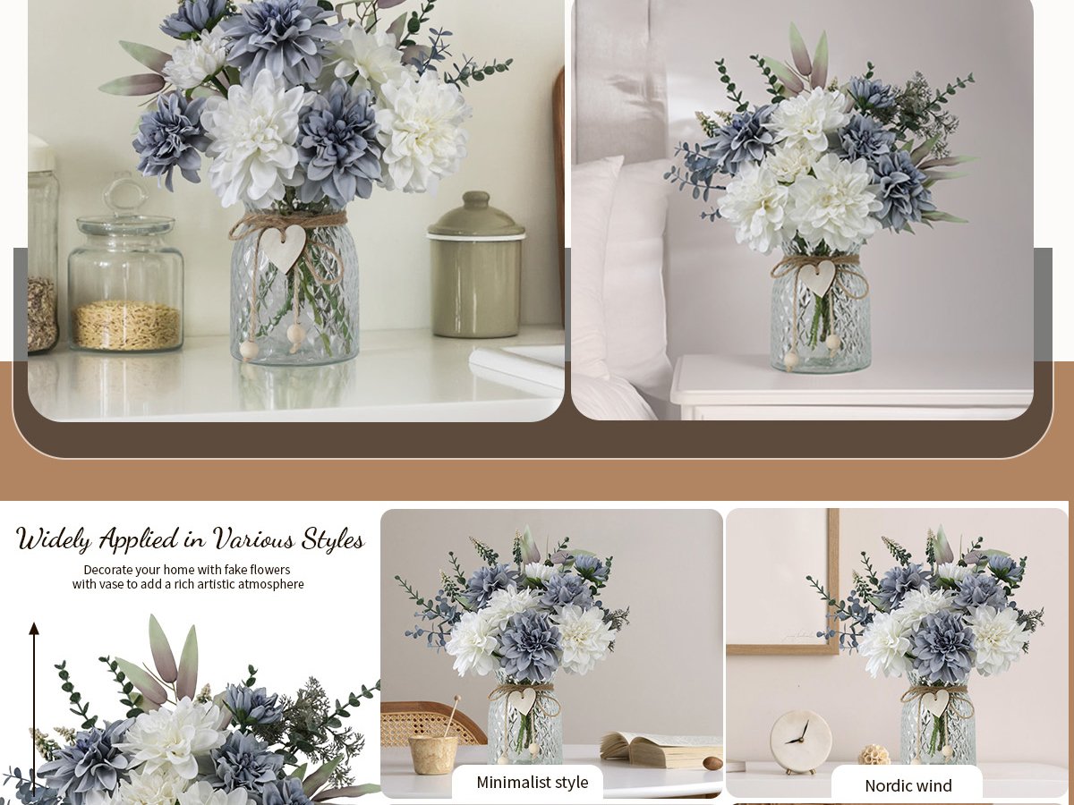 Artificial dahlia flower arrangement in a glass vase with twine and wooden heart accent, shown in two lifestyle settings.