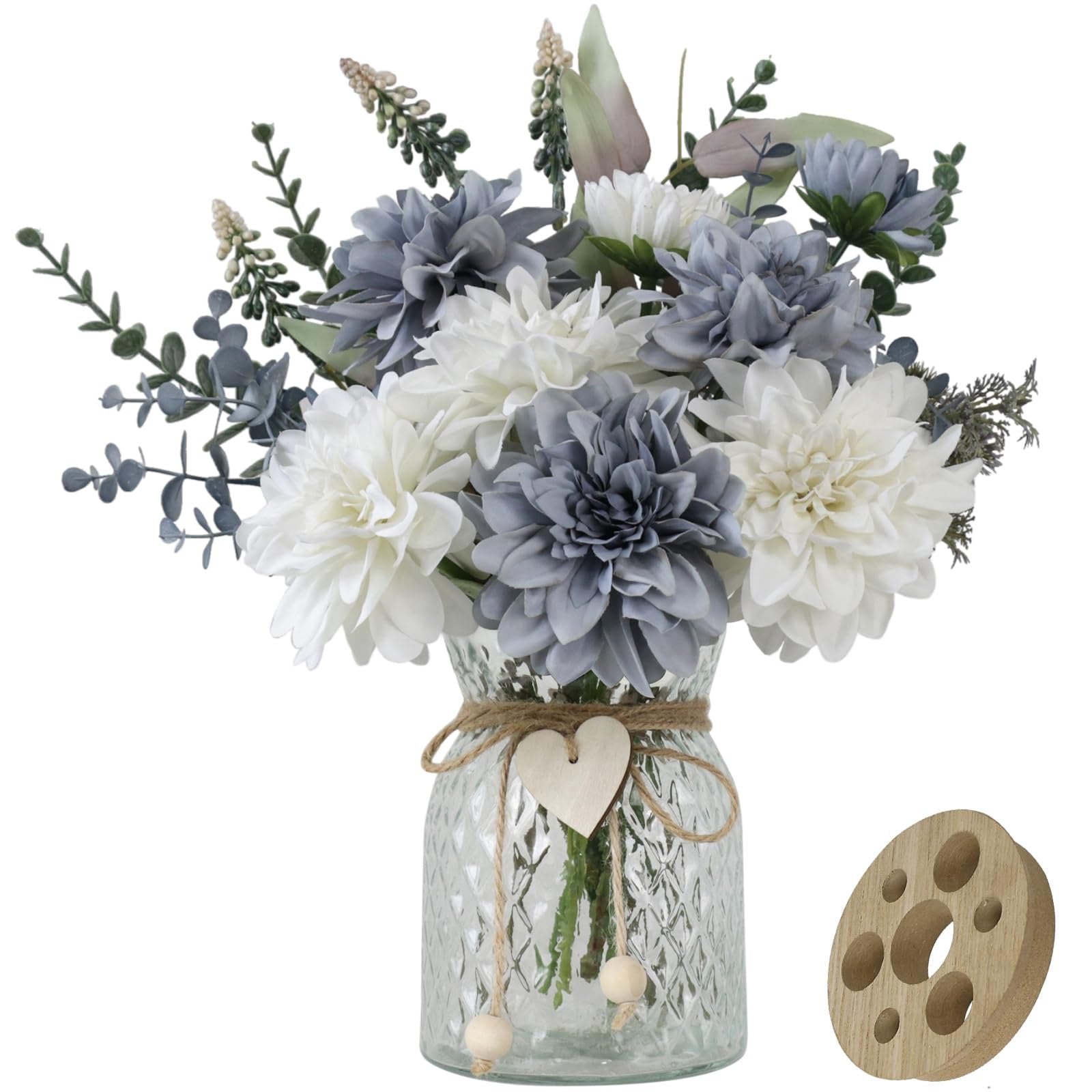 Artificial dahlia flower arrangement in a glass vase with a wooden arranger accessory