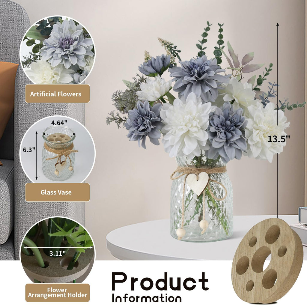 Blue and white artificial dahlia flowers in a glass vase with a wooden arranger, showing dimensions.