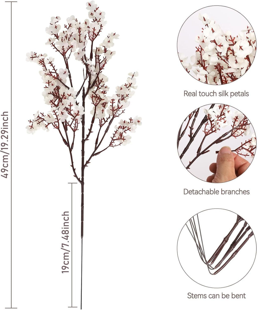 Artificial white baby's breath flower stem with detailed close-ups of petals, branches, and stem flexibility.