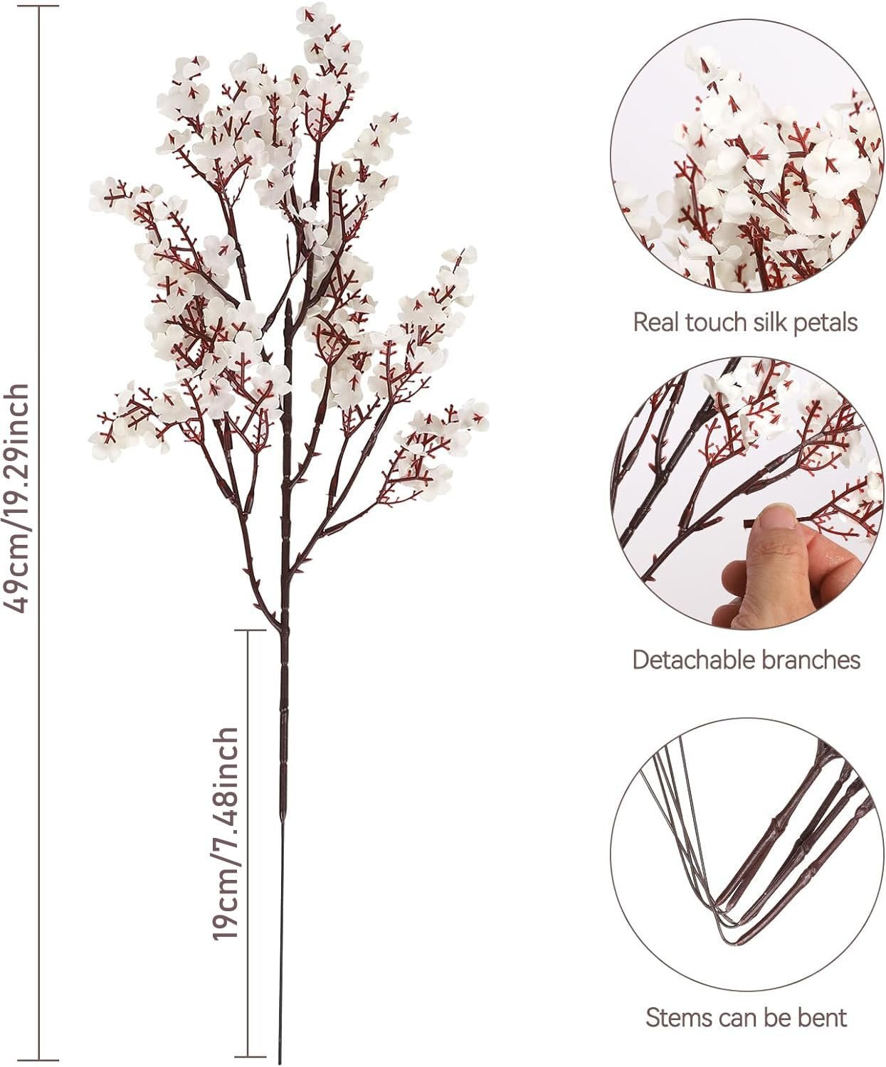 Artificial white baby's breath flower stem with detailed close-ups of petals, branches, and stem flexibility.