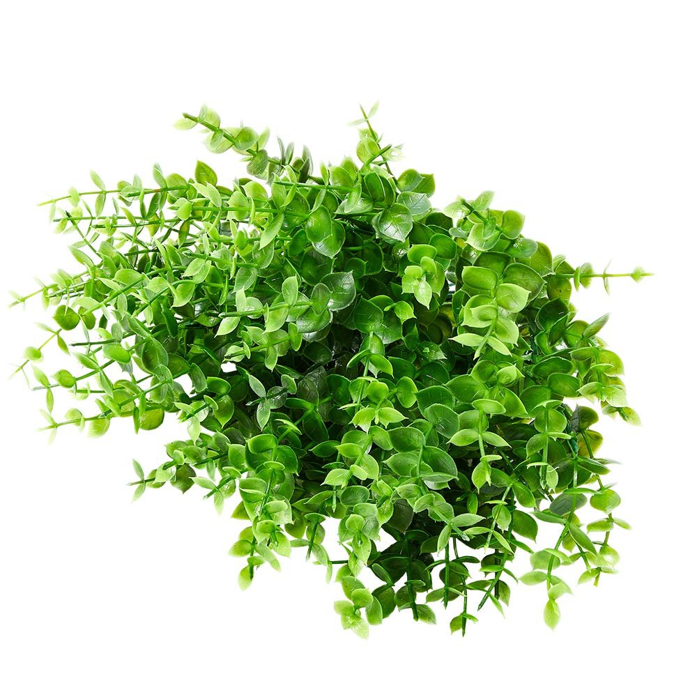 Bundle of artificial boxwood stems with green leaves on a white background, top-down view.