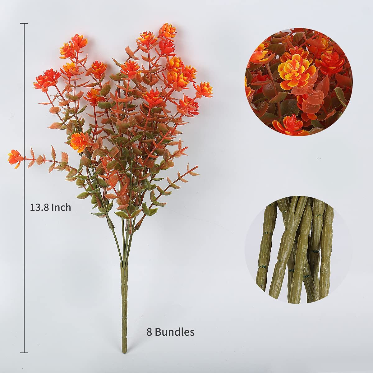 Artificial fall flowers with orange and green leaves, shown with a size indicator and bundle count.