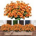 Eight bundles of artificial orange sunflowers with green leaves, shown both isolated and arranged in a wooden window box.