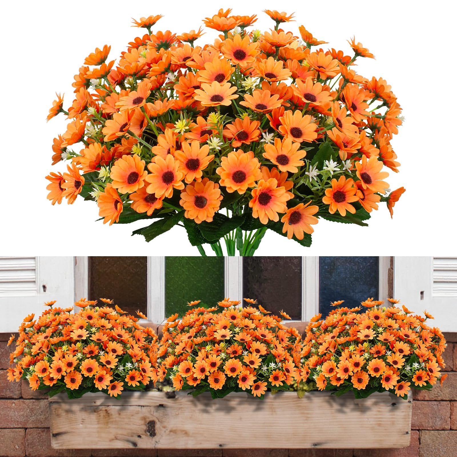 Eight bundles of artificial orange sunflowers with green leaves, shown both isolated and arranged in a wooden window box.