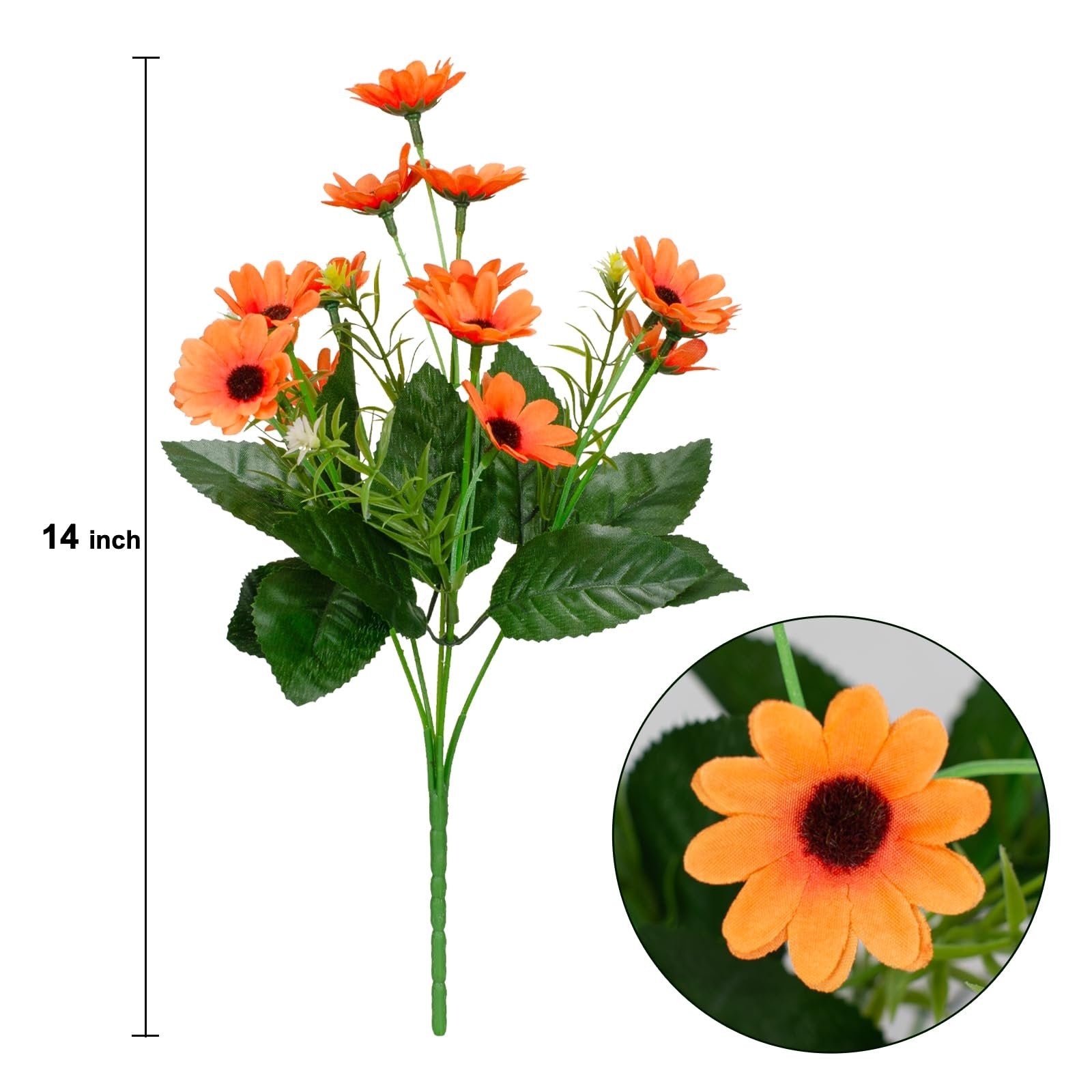 Artificial orange daisy mum flower stem with green leaves and a close-up inset view of a single flower.