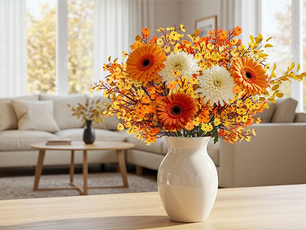 Arrangement of orange and white artificial flowers in a cream vase on a wooden table in a living room.