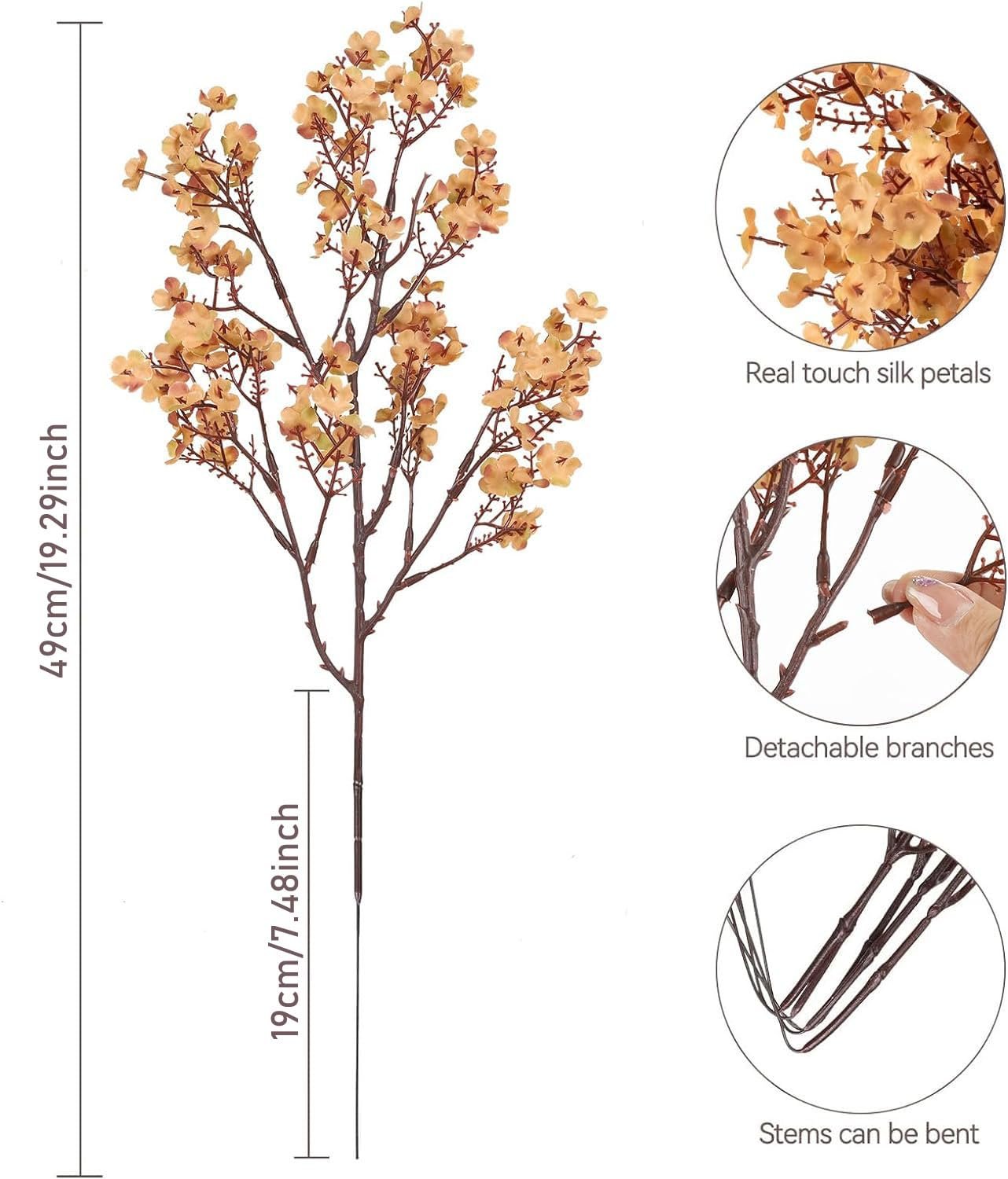 Light brown artificial gypsophila flower branch with detailed close-ups of petals, stems, and branches.