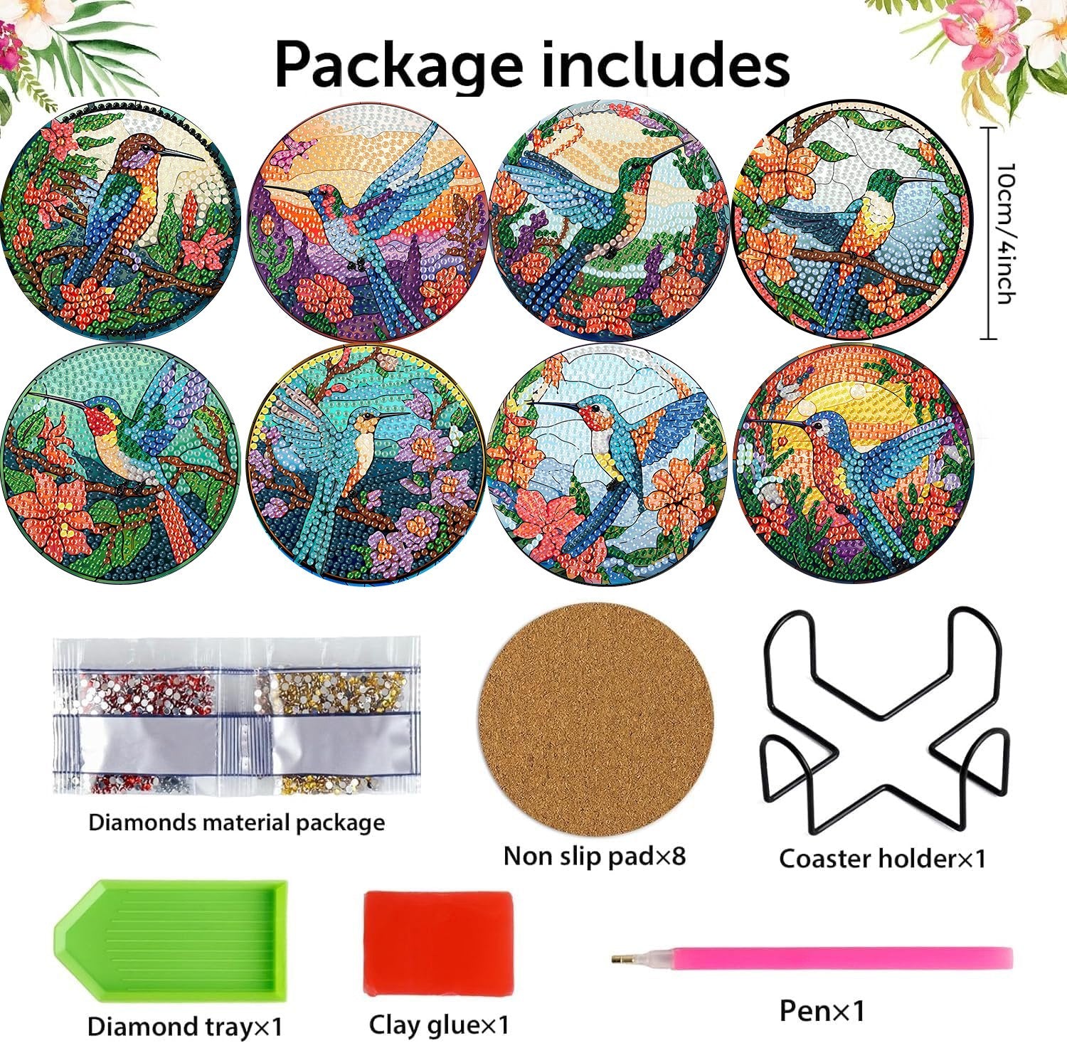 Diamond painting coaster set with 8 hummingbird designs, diamond bags, tray, glue, pen, and holder