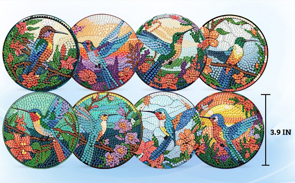 Eight round diamond painting coasters featuring hummingbirds and flowers, with a size indicator of 3.9 inches.