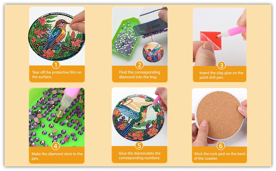 Diamond painting coaster kit instructions showing 6 steps: applying film, sorting diamonds, using pen, sticking diamonds, completing design, and attaching cork backing.