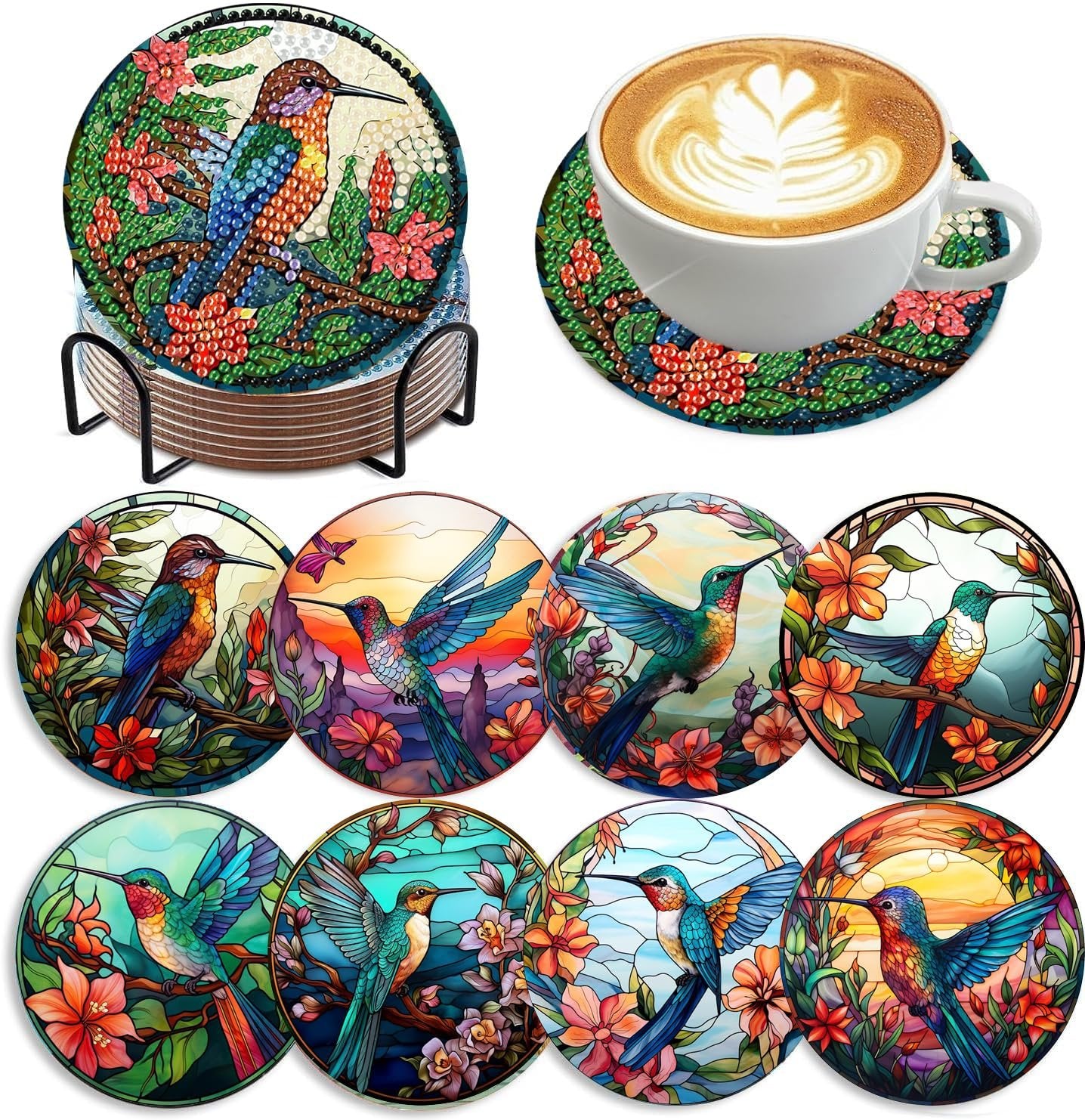 Diamond painting hummingbird coasters with holder and a cup of coffee on one coaster