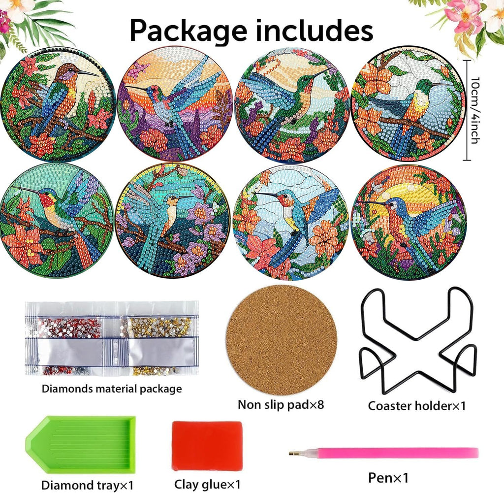 Diamond painting coaster set with 8 hummingbird designs, holder, pen, tray, glue, and gems.