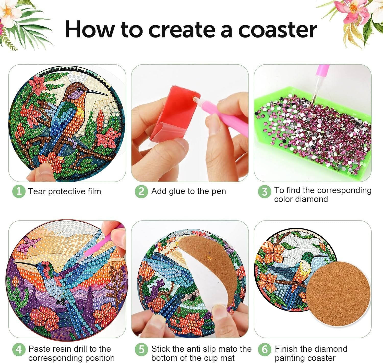 Diamond painting coaster creation steps: tear film, add glue, sort diamonds, paste drills, attach mat, finish coaster.