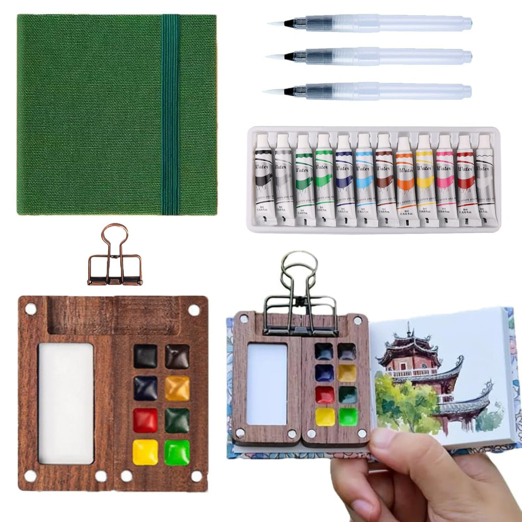 Watercolor paint travel set with sketchbook, palette, water brushes, and binder clip