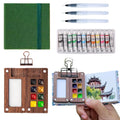 Watercolor paint travel set with sketchbook, palette, water brushes, and binder clip