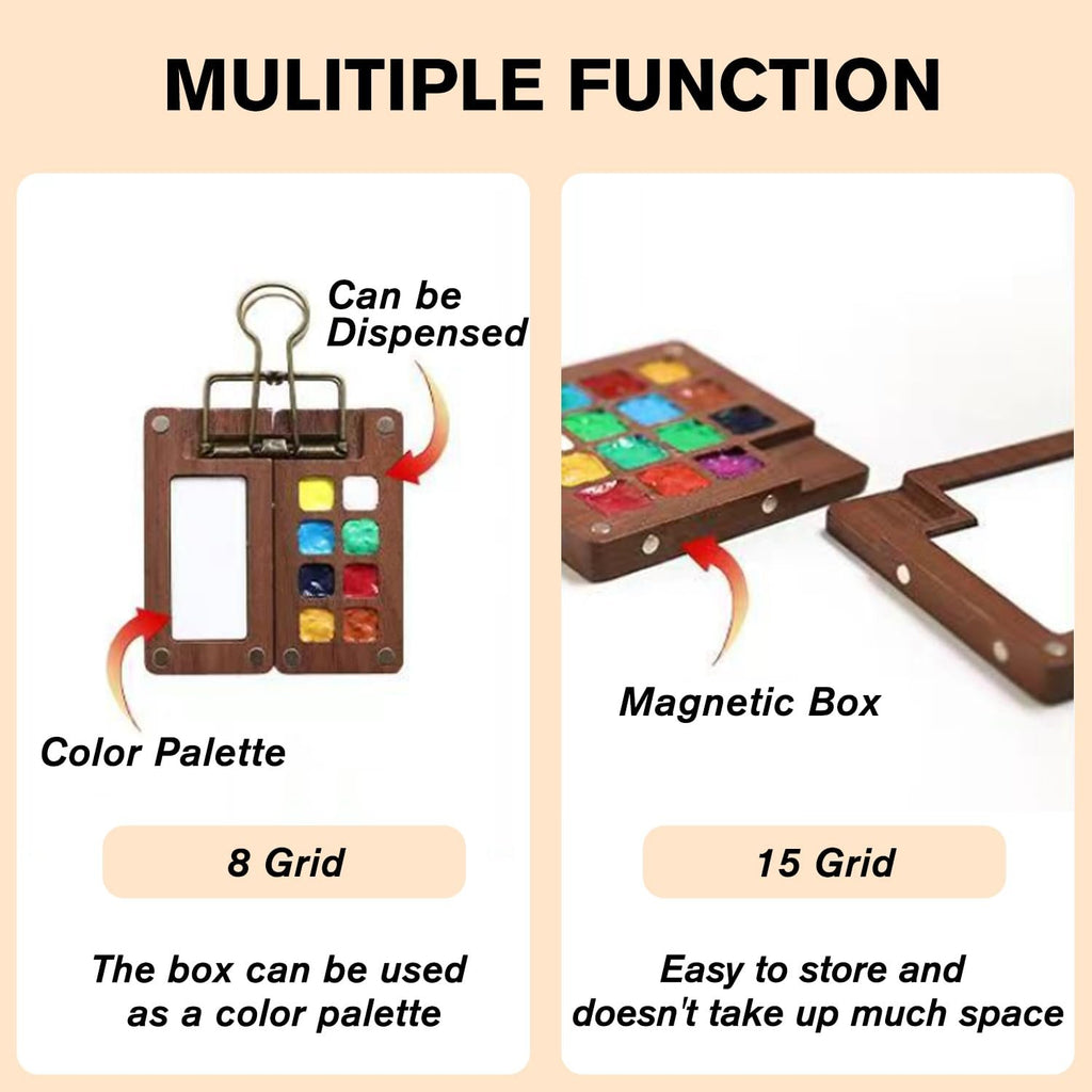 Two wooden watercolor paint palettes, one with 8 grids and a clip, the other with 15 grids and a magnetic closure.