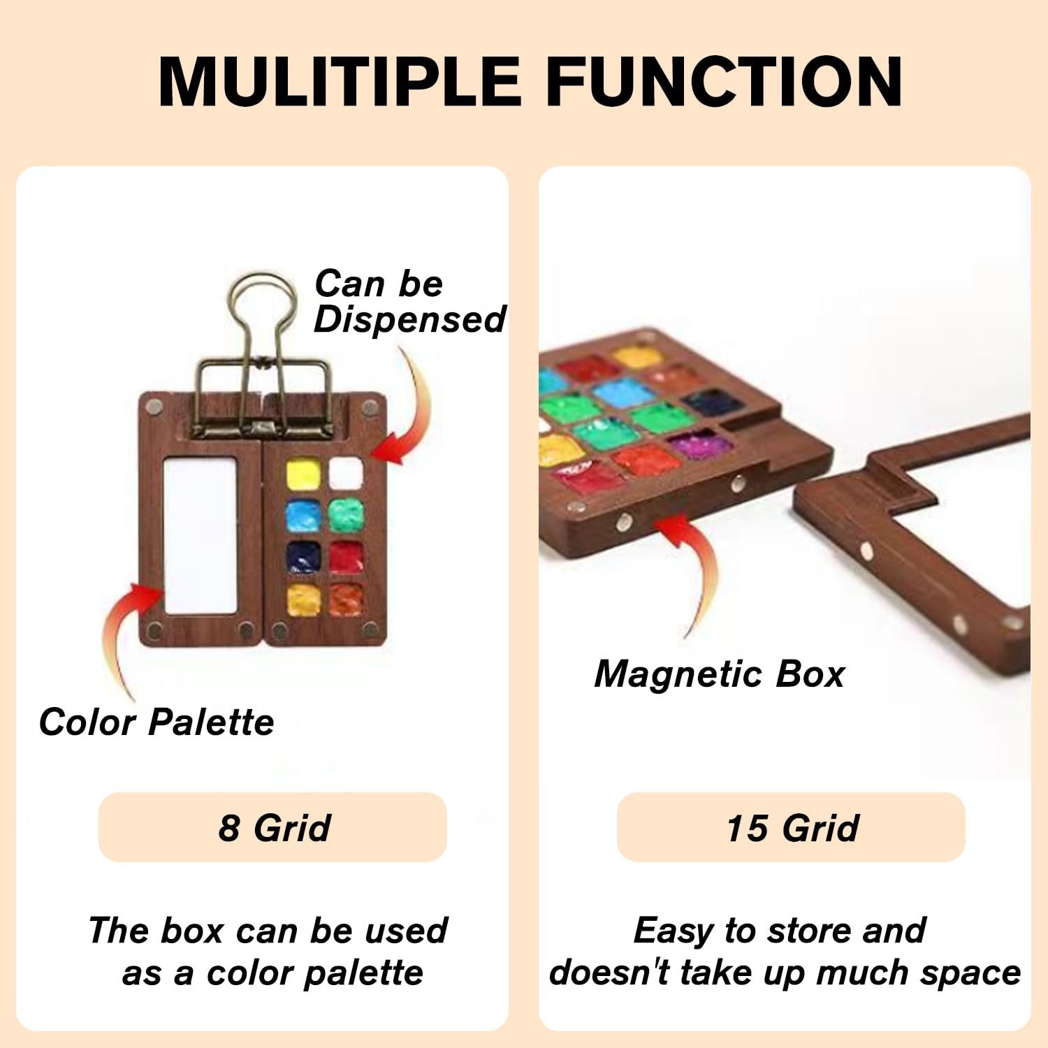 Two wooden watercolor paint palettes, one with 8 grids and a clip, the other with 15 grids and a magnetic closure.