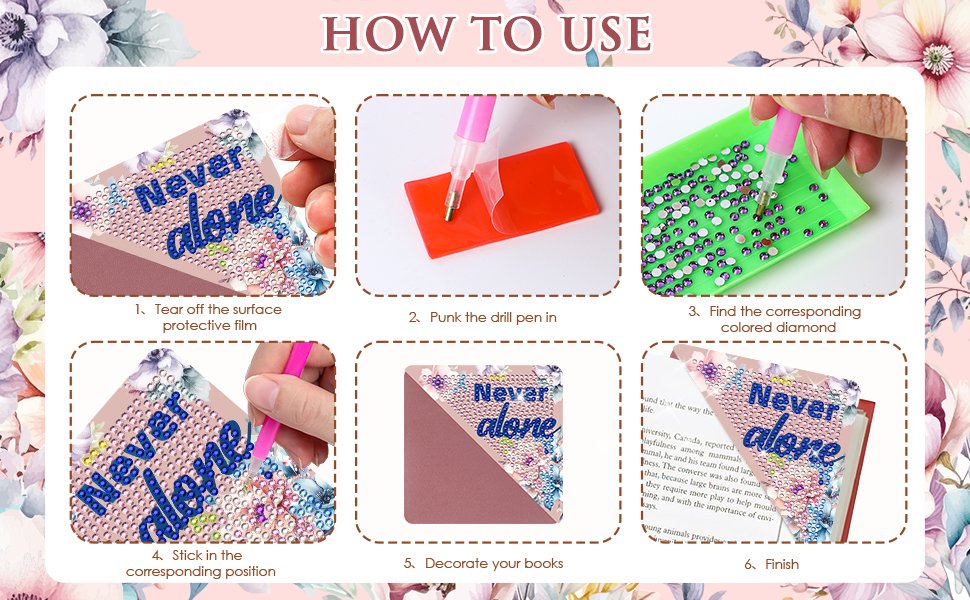 Diamond art cross bookmarks with 'Never alone' text and floral pattern, shown in a step-by-step 'How to Use' guide.