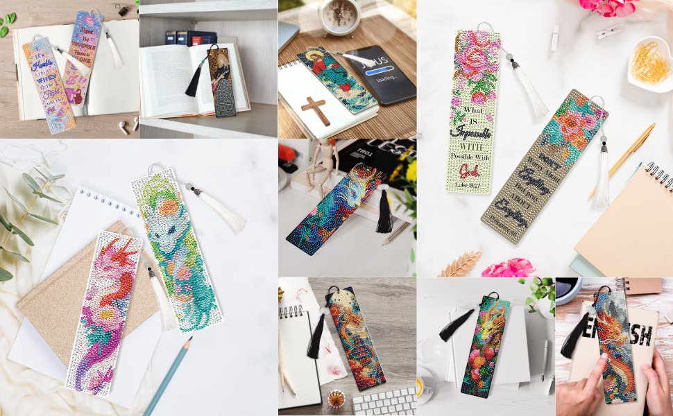 Collage of diamond art bookmarks with tassels, featuring dragons and floral designs with inspirational quotes.