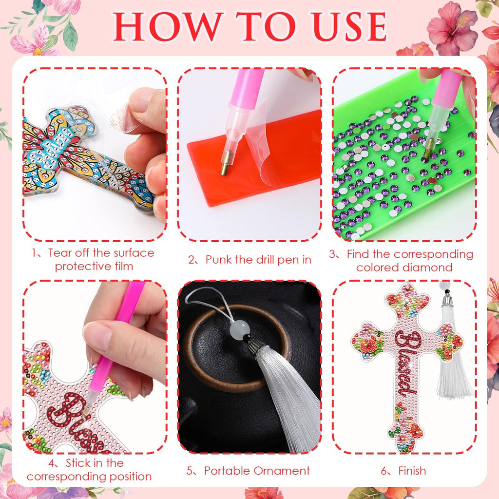 Diamond art cross bookmark creation steps: peeling film, using drill pen, sorting diamonds, placing diamonds, adding tassel, finished product.