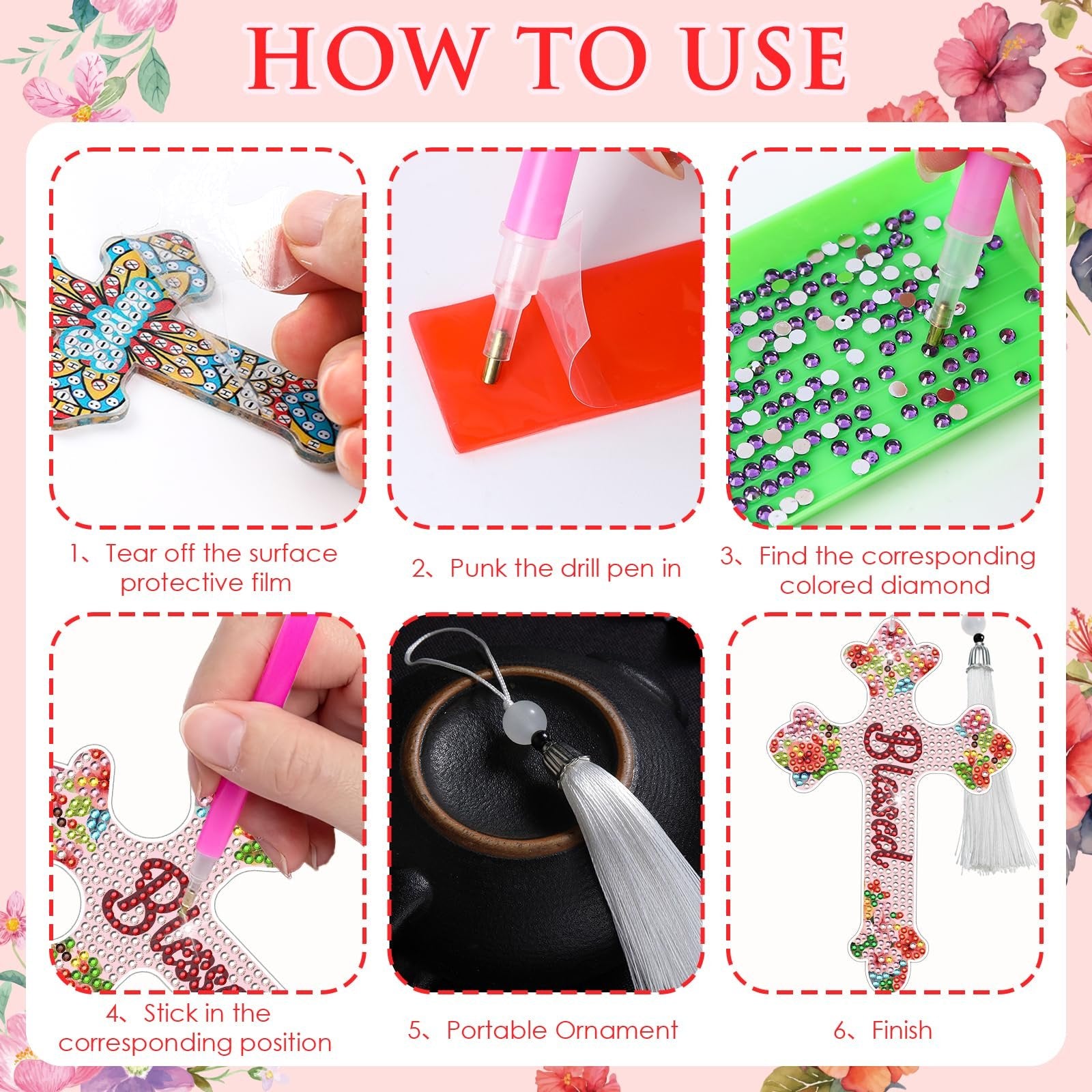 Diamond art cross bookmark creation steps: peeling film, using drill pen, sorting diamonds, placing diamonds, adding tassel, finished product.