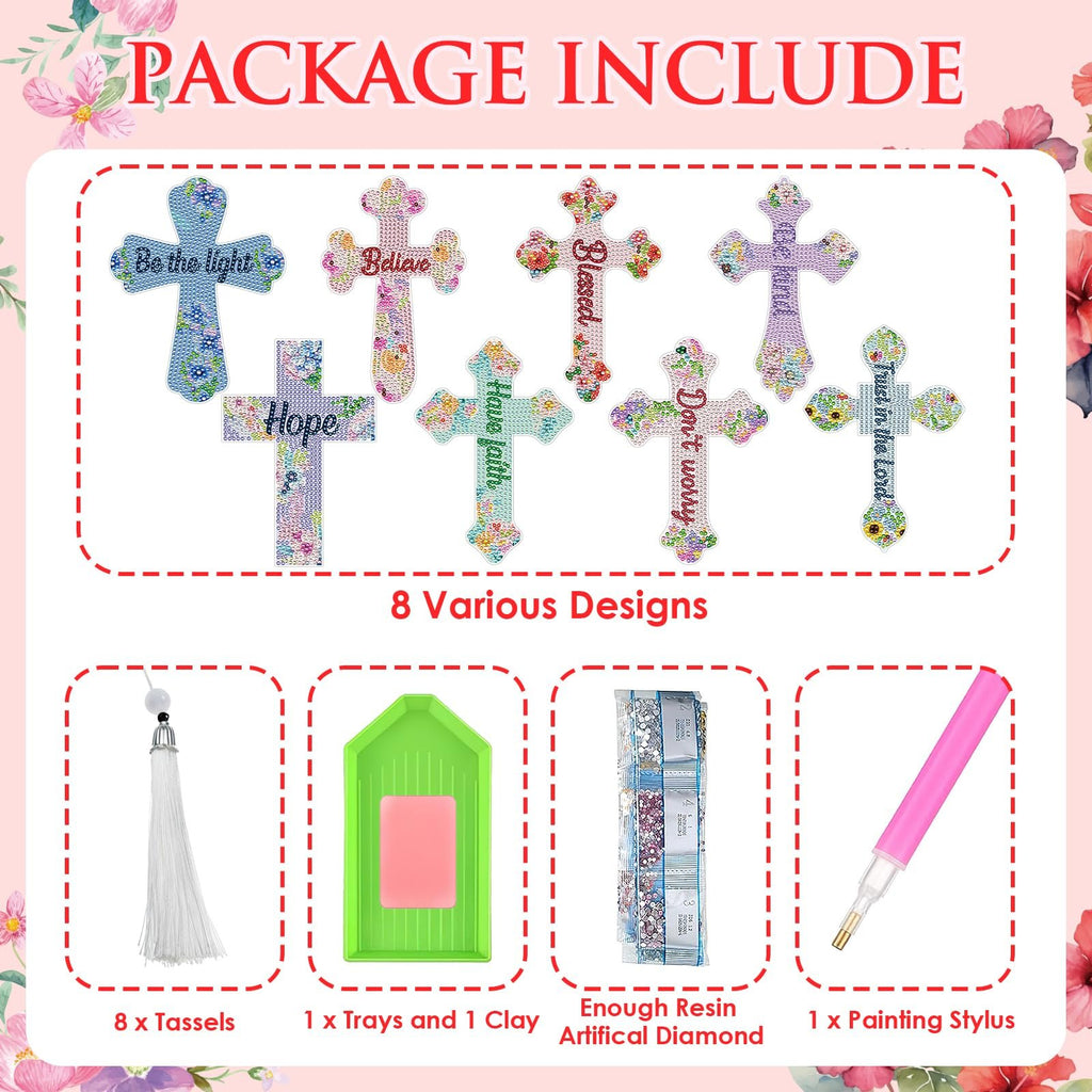 Diamond art cross bookmarks kit contents including tassels, tray, clay, resin diamonds, and stylus.
