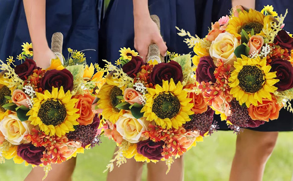 Three artificial sunflower and rose bouquets held by people in navy dresses, styled for weddings and home decor.