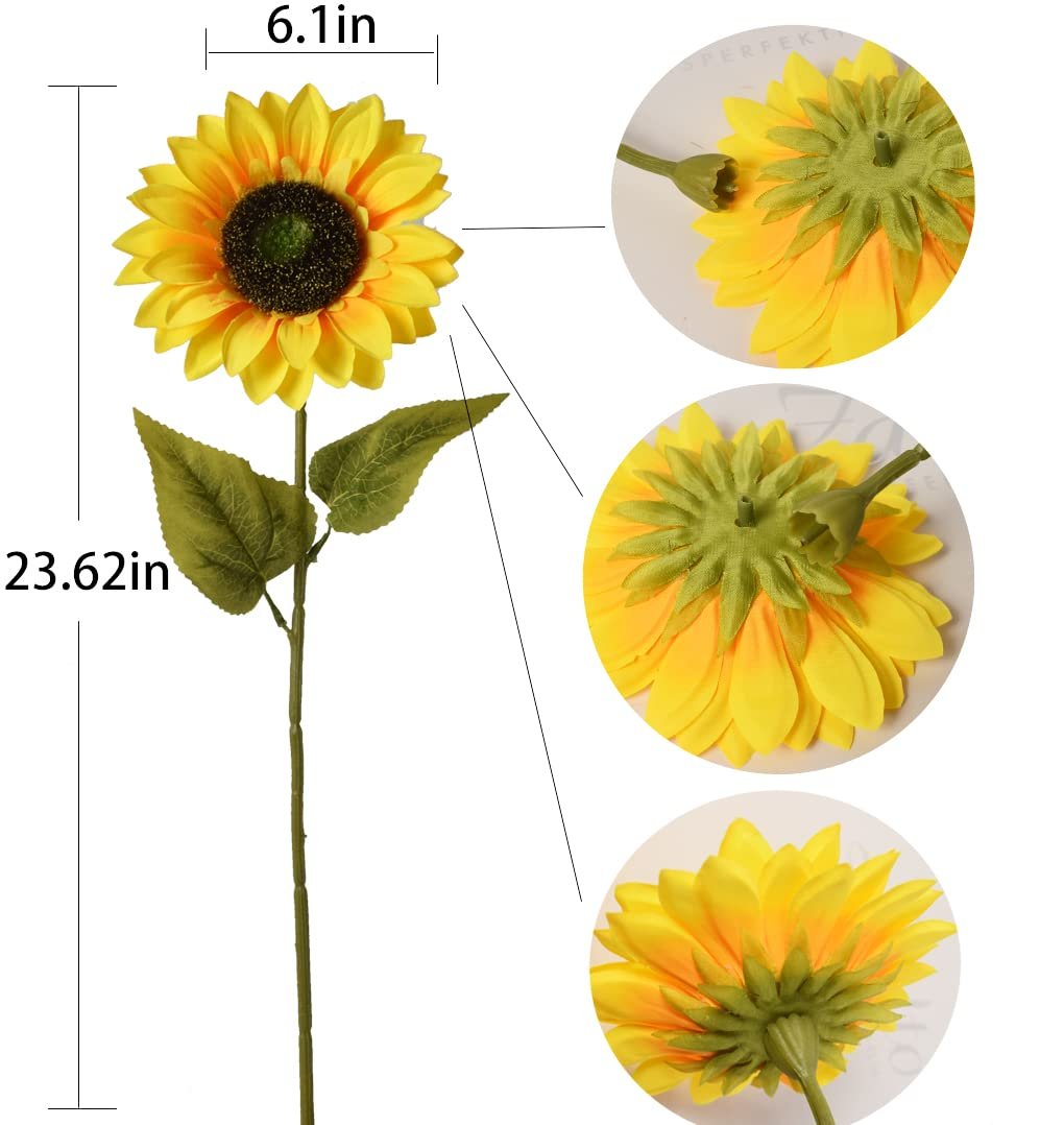 Single artificial sunflower stem showing dimensions 23.62 inches tall and 6.1 inch flower head, with close-ups of the flower base.