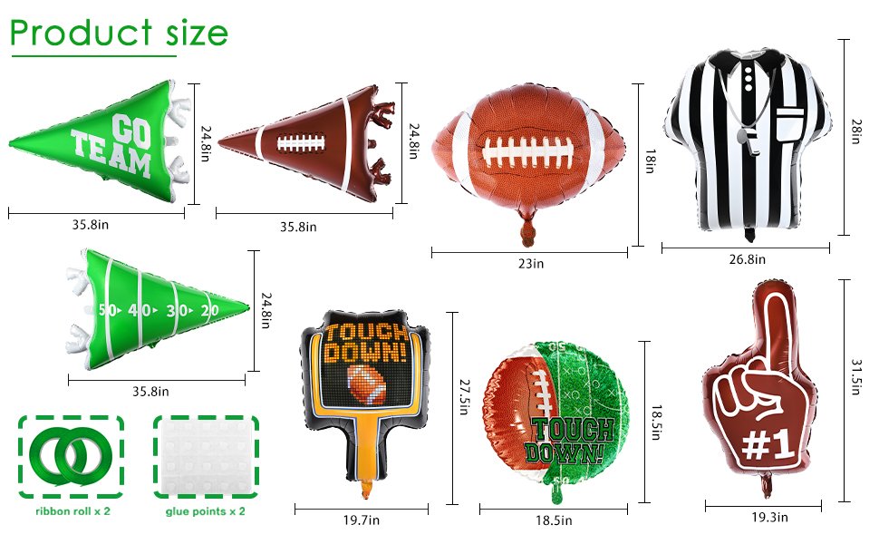 Collection of football-themed balloons including pennant, football, referee jersey, touchdown sign, and #1 foam finger, with size dimensions.