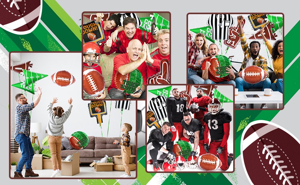 Collage of football-themed party decorations and people celebrating, including balloons, footballs, and fans in team colors.