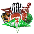 Collection of football-themed balloons including a referee shirt, foam finger, footballs, and field markers.