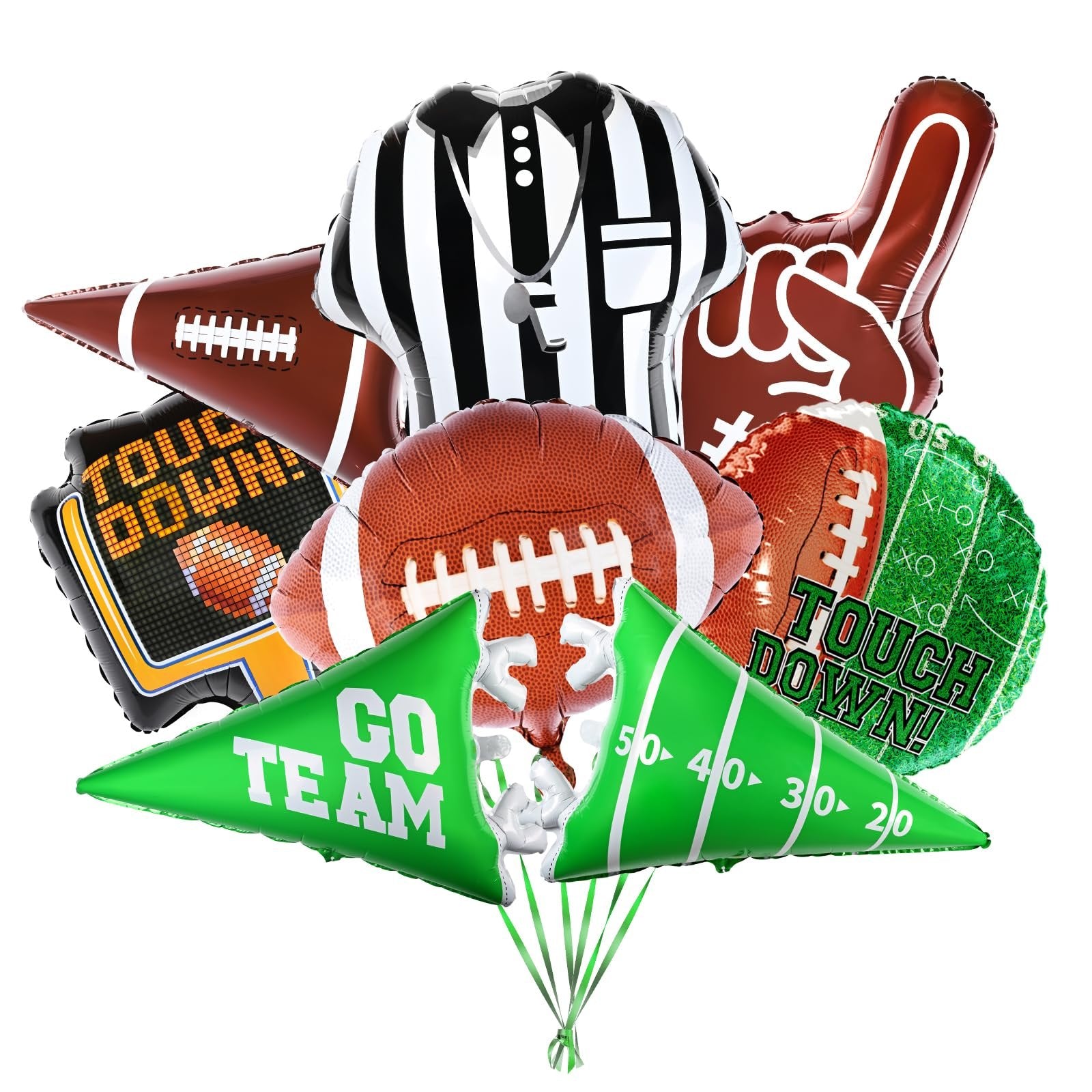 Collection of football-themed balloons including a referee shirt, foam finger, footballs, and field markers.