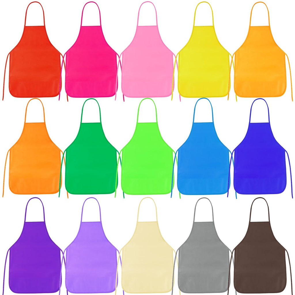 Fifteen colorful aprons arranged in three rows on a white background.