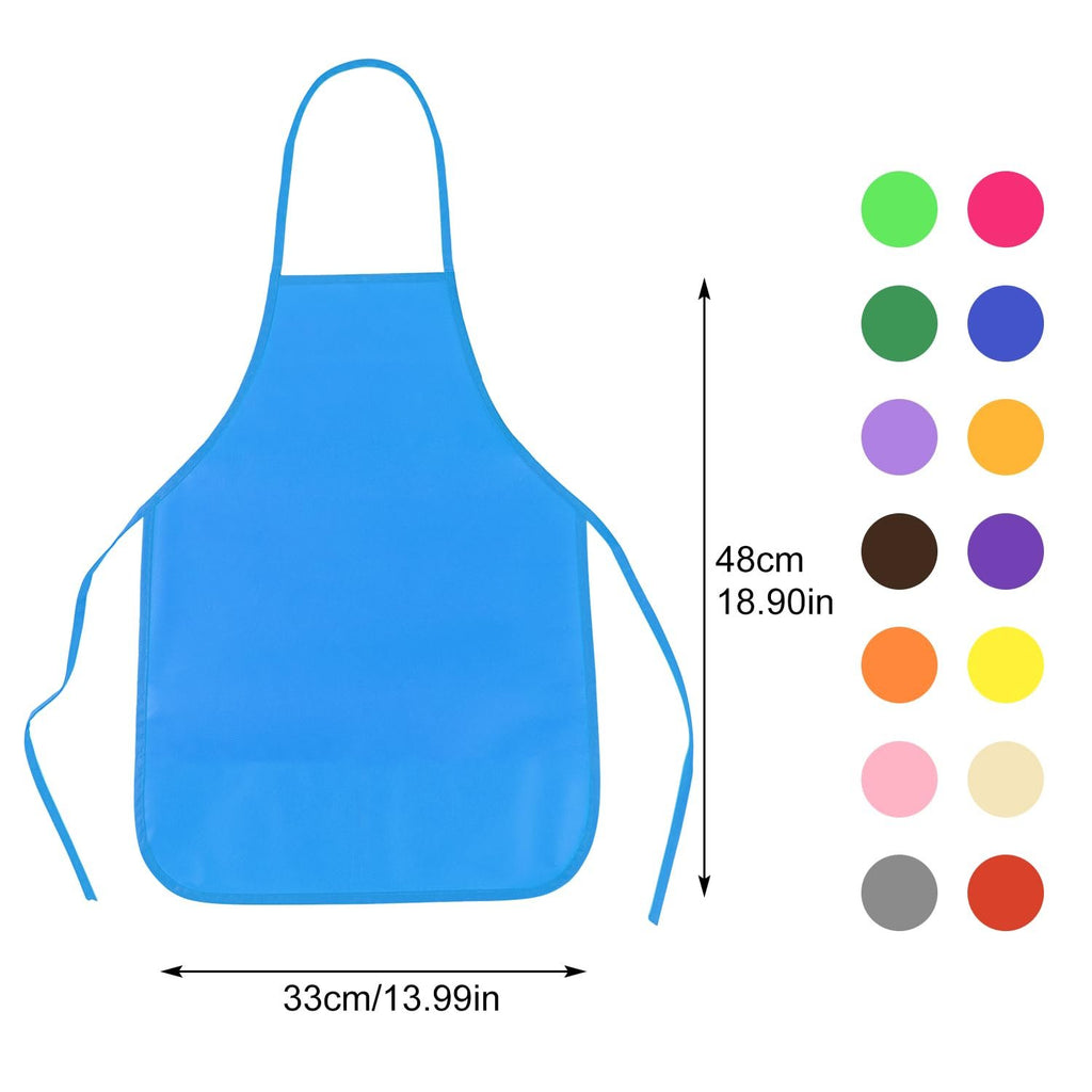 Blue kids painting apron with dimensions and color swatches on the right