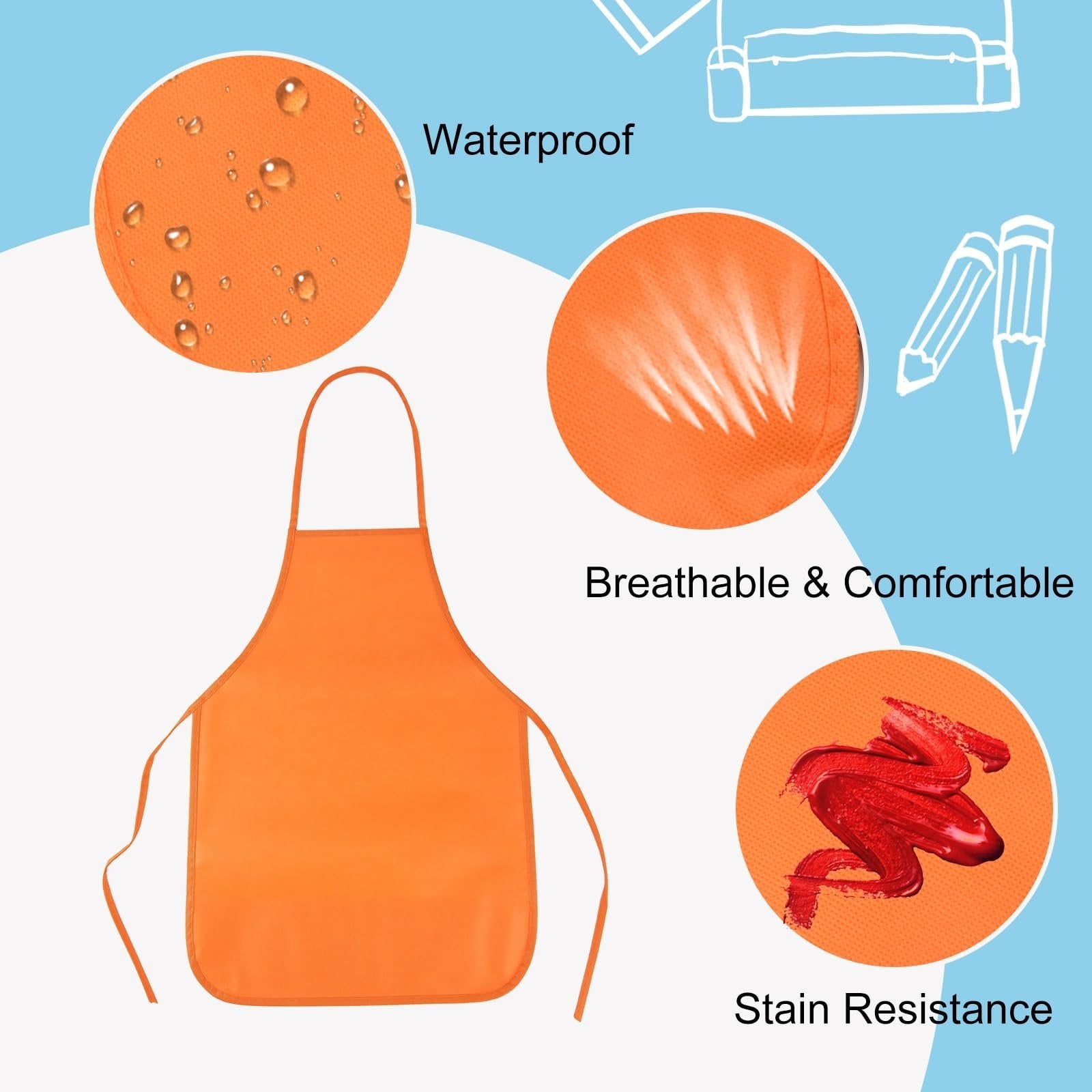 Orange kids painting apron shown with close-ups demonstrating waterproof, breathable, and stain-resistant qualities.