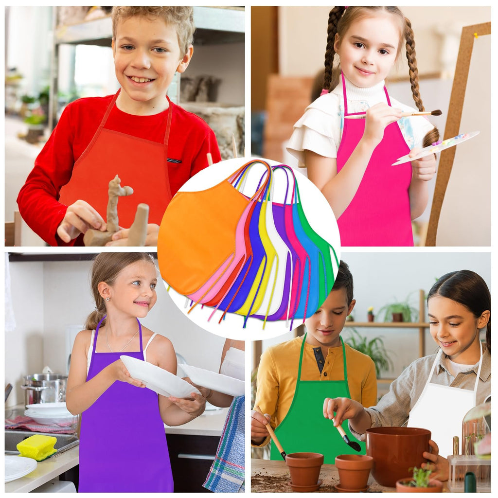 Four children wearing colorful aprons engaged in various activities: sculpting, painting, washing dishes, and planting.