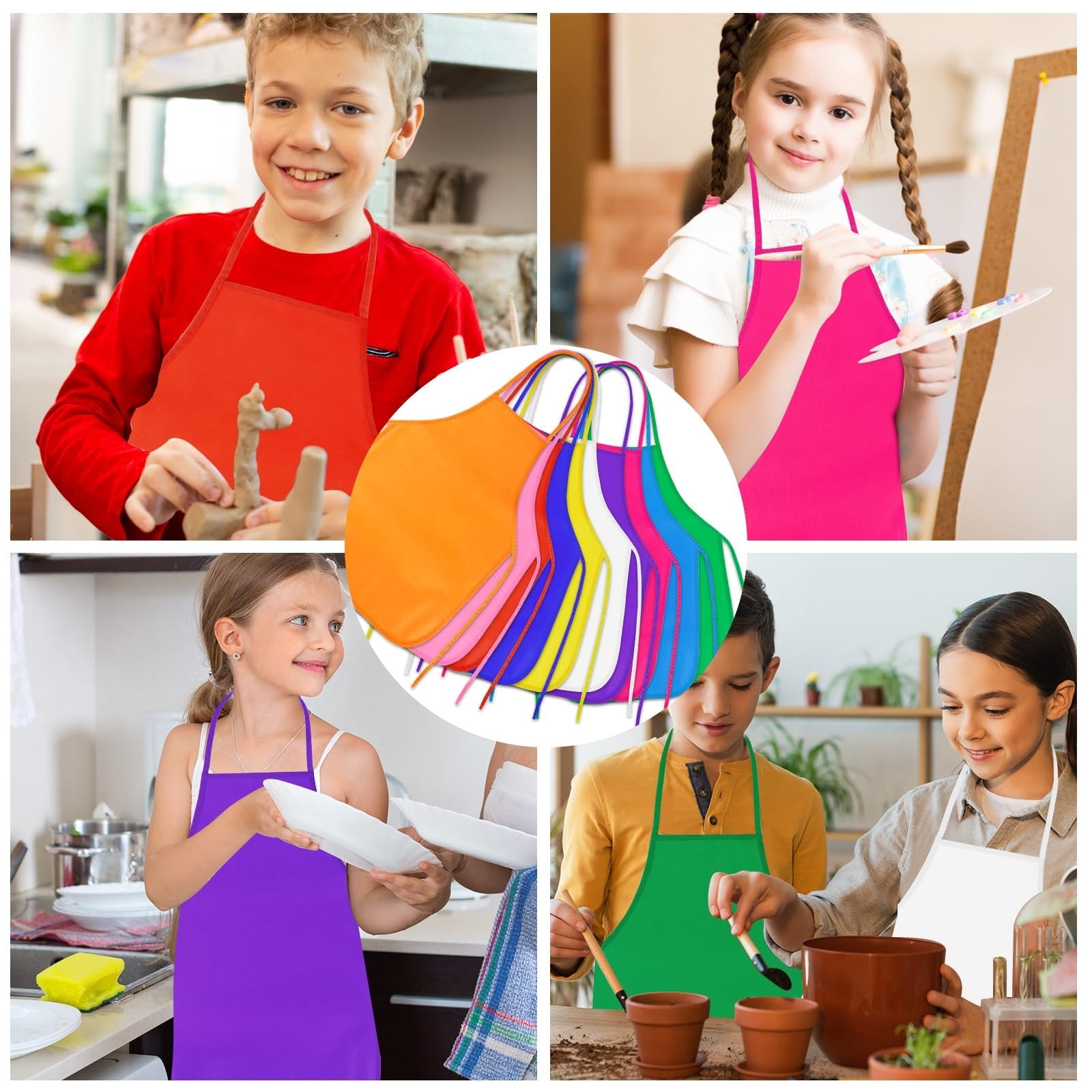 Four children wearing colorful aprons engaged in various activities: sculpting, painting, washing dishes, and planting.