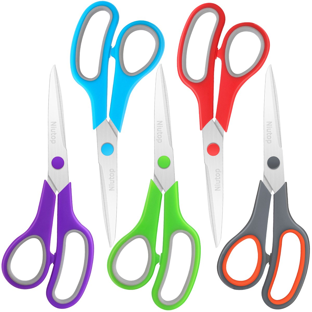 Five multipurpose scissors in assorted colors (purple, blue, green, red, gray) arranged in a staggered pattern on a white background.