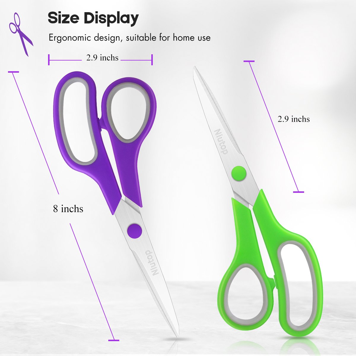 Two multipurpose scissors, one purple and one green, with size dimensions indicated.