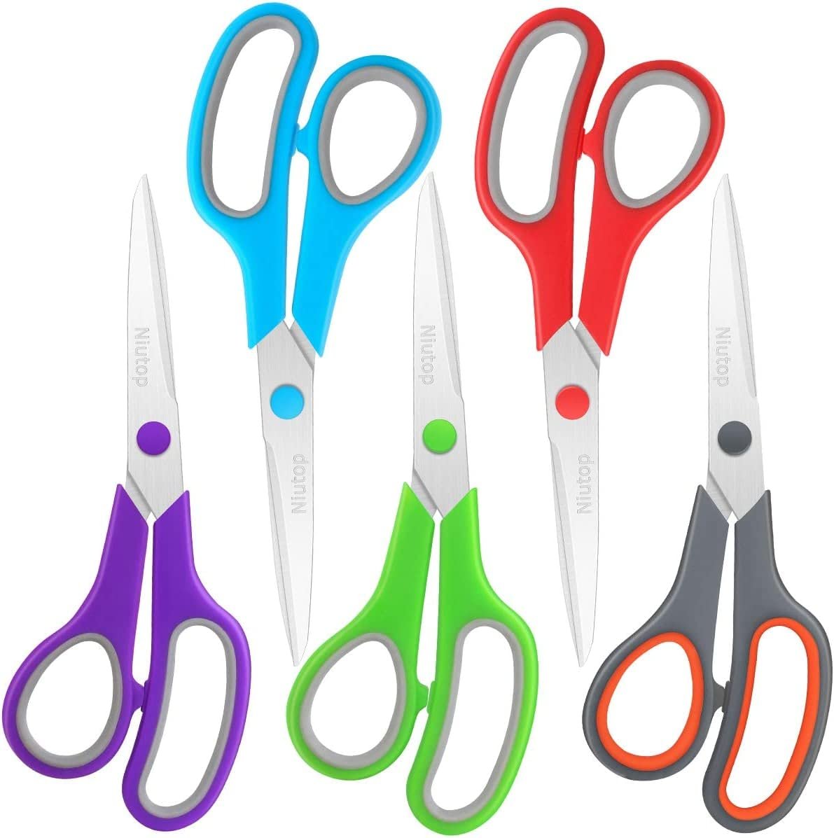 Five assorted color multipurpose scissors with comfort grip handles arranged in a fan shape on a white background.