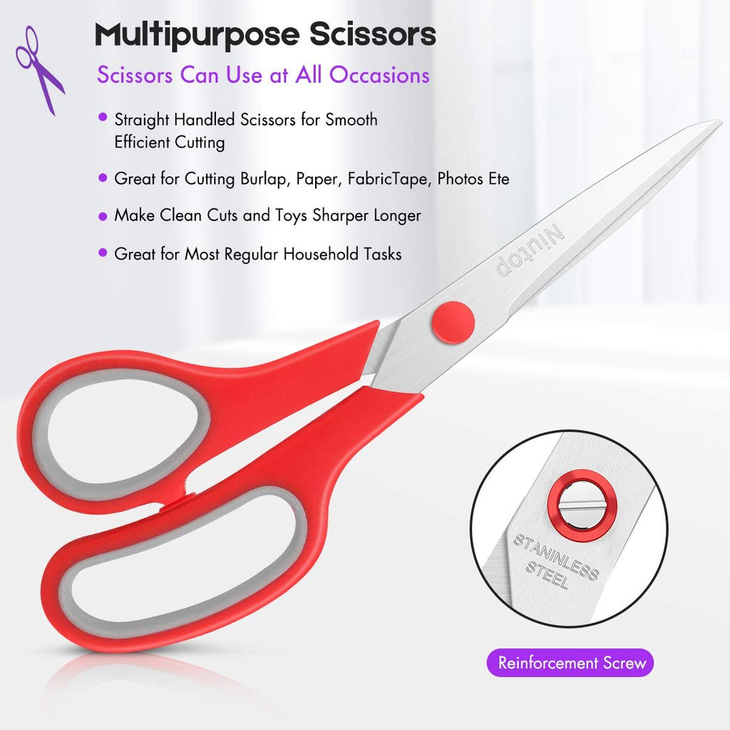 Red and gray multipurpose scissors with stainless steel blades, angled view showing handle and blade detail.