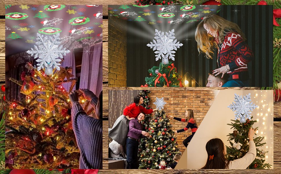 Christmas tree topper snowflake with projected patterns on ceiling and walls, shown in lifestyle settings with families decorating trees.